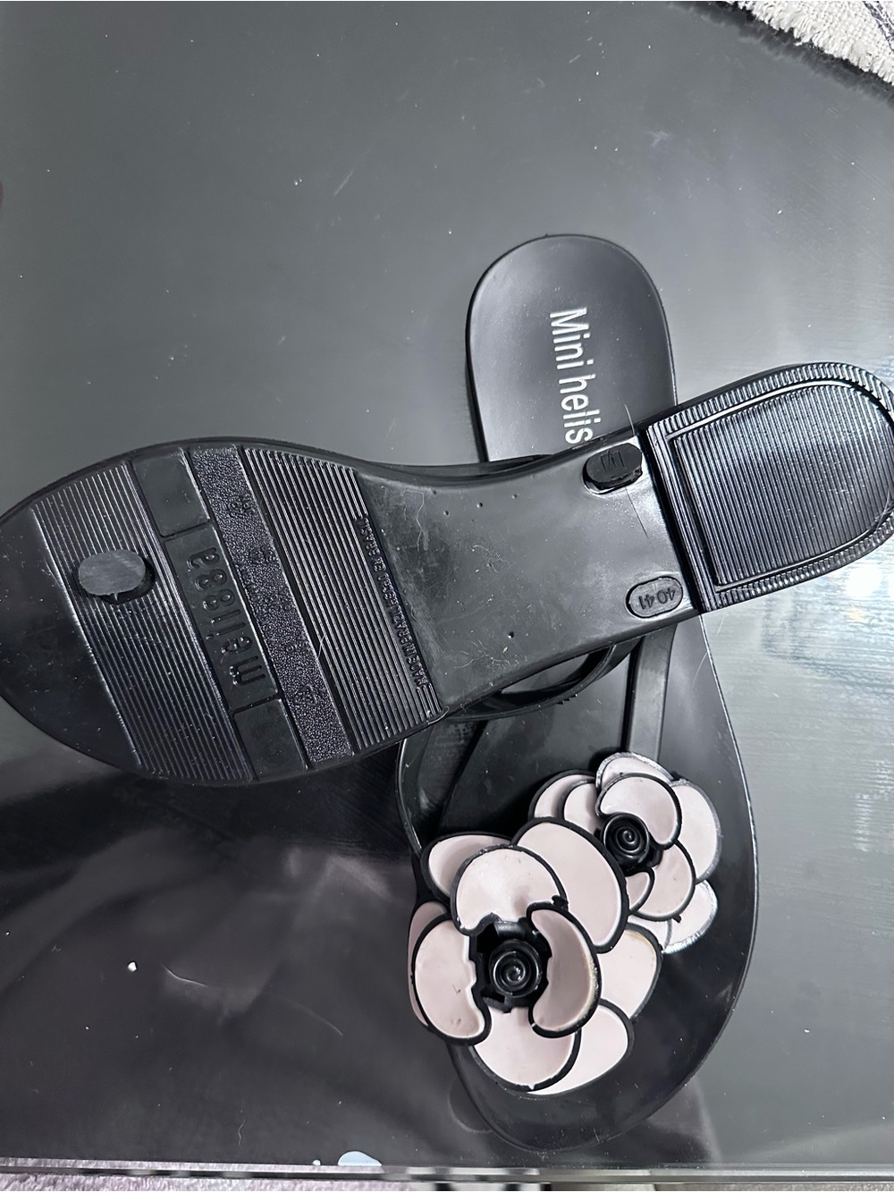 Mini Melissa Black Jelly Sandals with Pale Pink Floral Accent